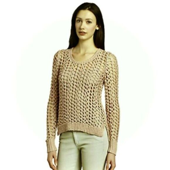 Lucky Brand Crocheted Open Knit Sweater  Womens Size Medium Tan Gold Beach - Picture 1 of 12